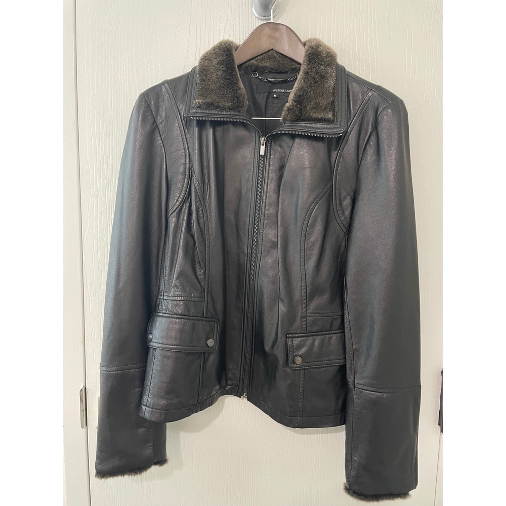 Wilsons Leather Black Jacket Faux Fur Collar XL WWZM2451 Moto Coat
